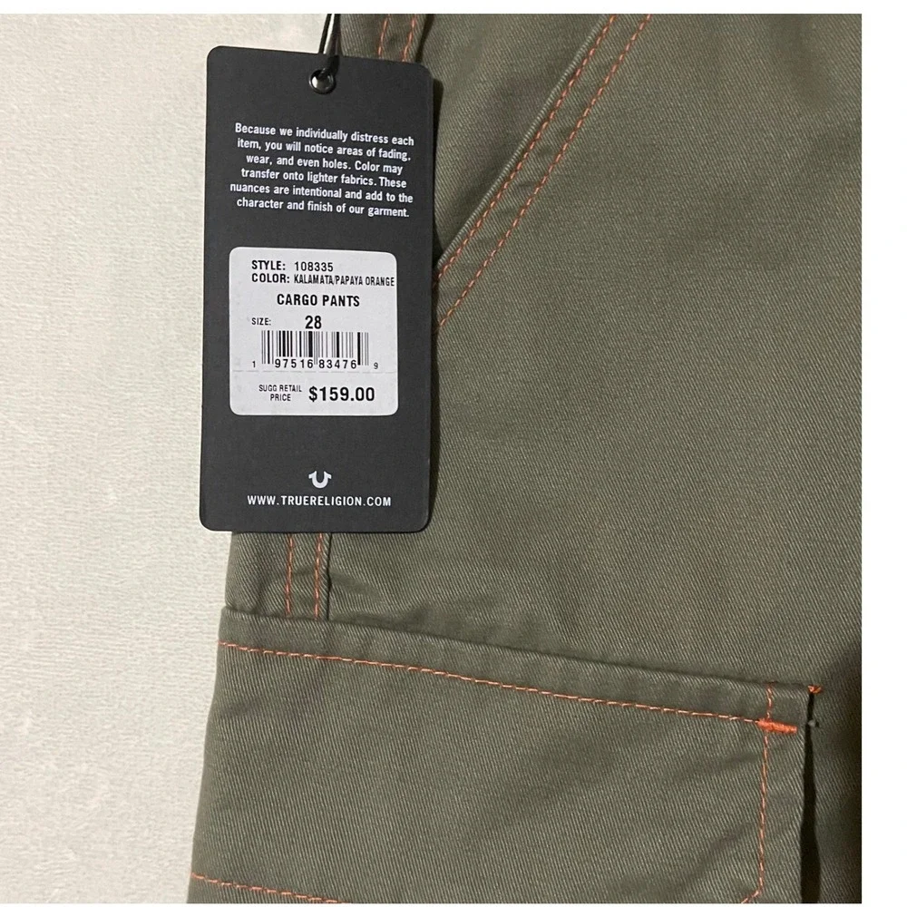 True Religion Mens‎ Cargo Pants Kalamata Papaya Orange Contrast Stitch Size 28